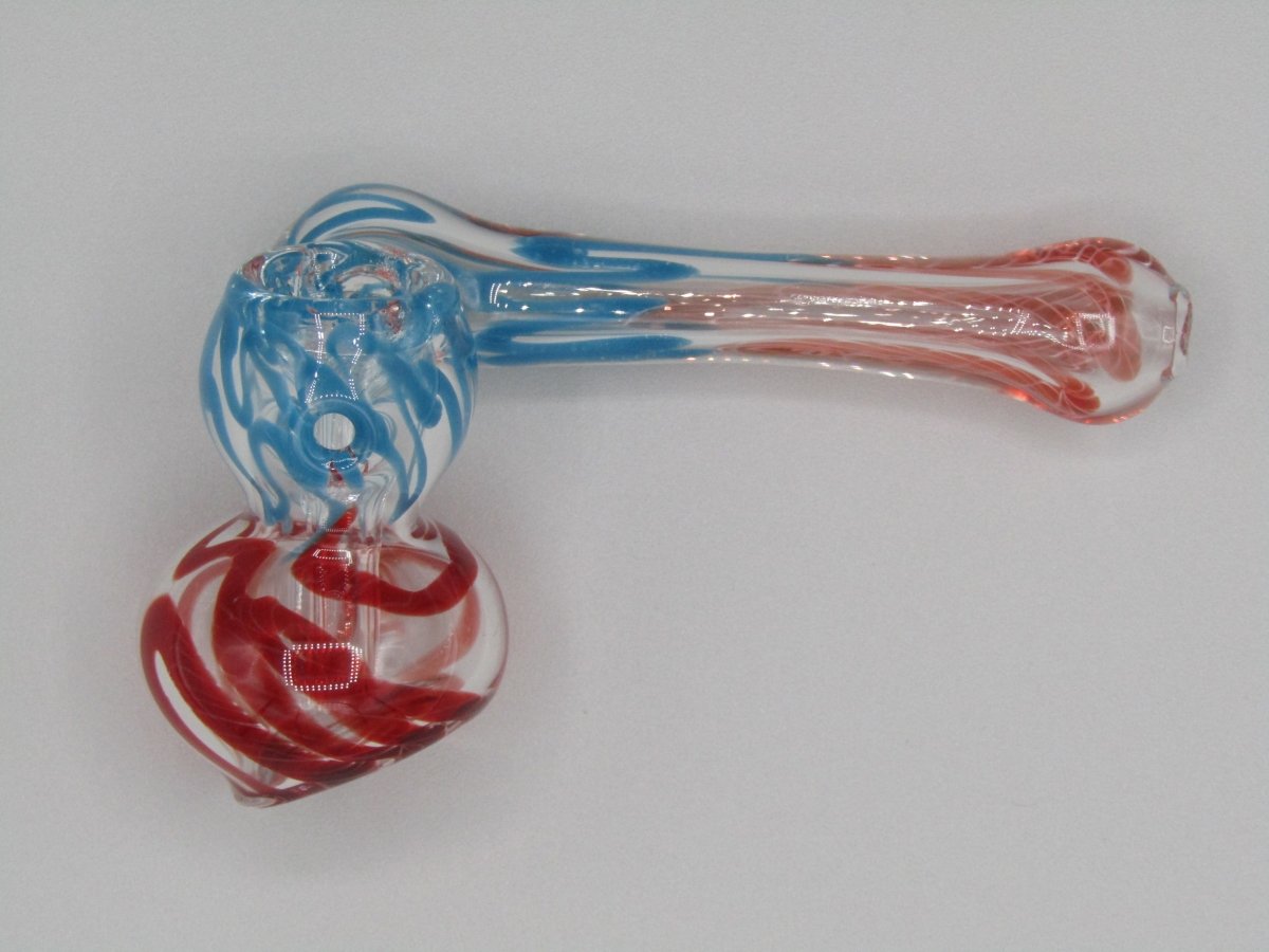 Top left side view 4" sidecar swirl hammer bubbler w/ blue and red color accents.