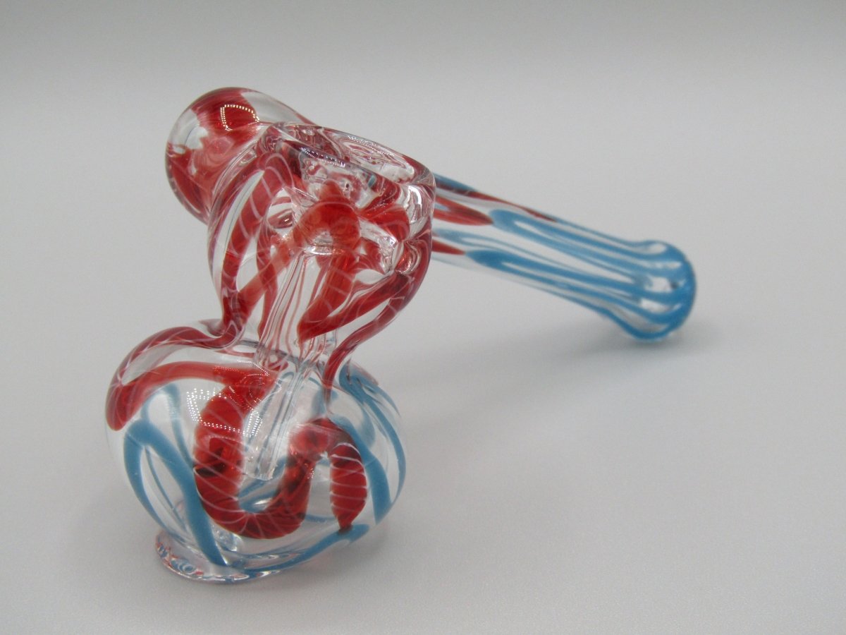 Zoom view 4" sidecar swirl hammer bubbler w/ blue and red color accents.