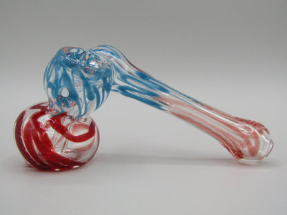 Left side view 4" sidecar swirl hammer bubbler w/ blue and red color accents.