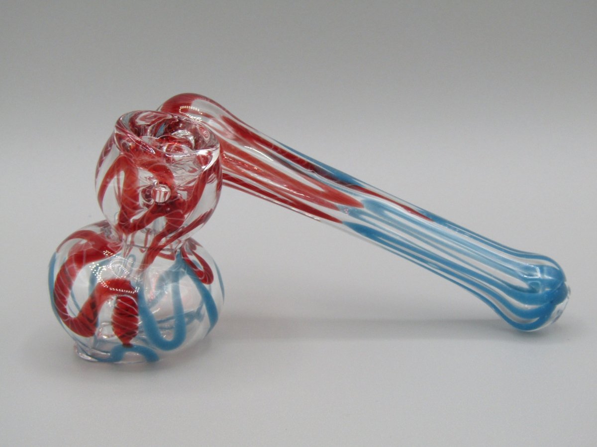 Left side view 4" sidecar swirl hammer bubbler w/ blue and red color accents.