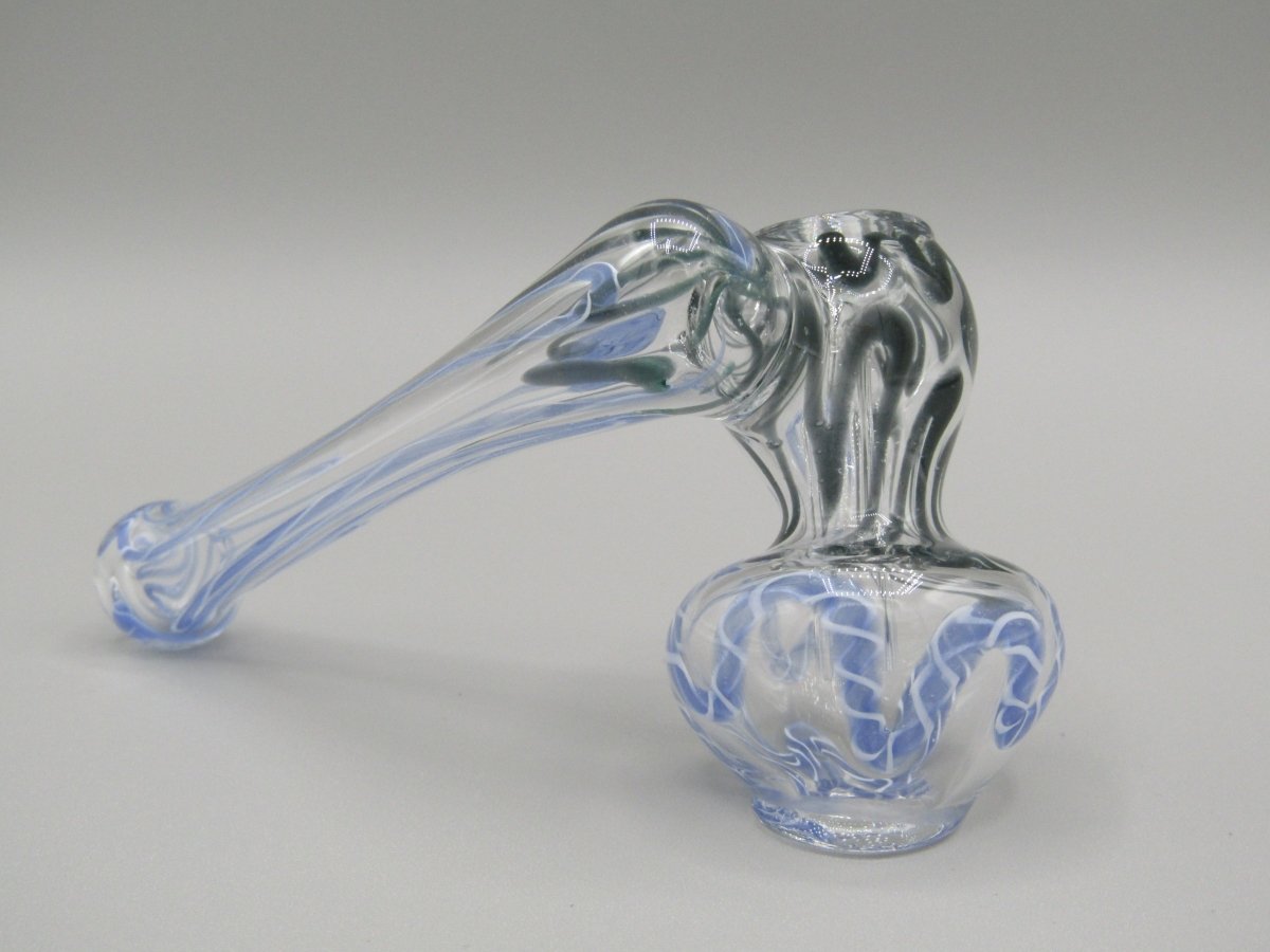 Zoom view 4" sidecar swirl hammer bubbler w/ black and blue color accents.