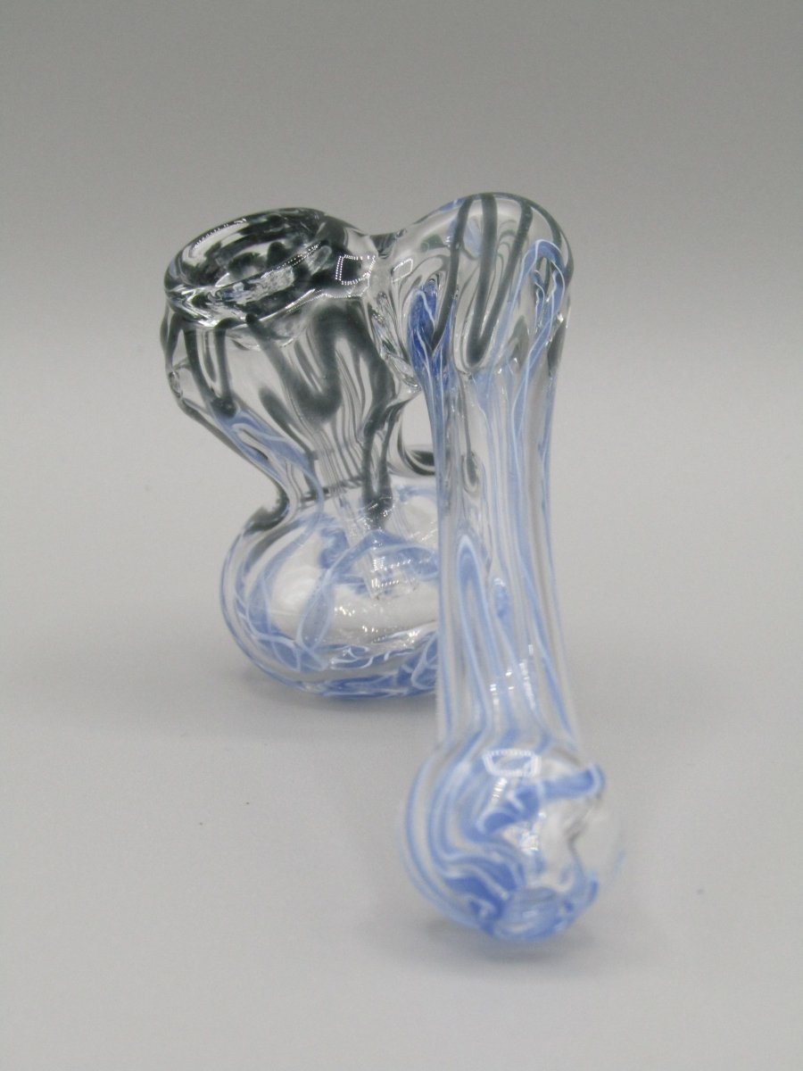 POV 4" sidecar swirl hammer bubbler w/ black and blue color accents.