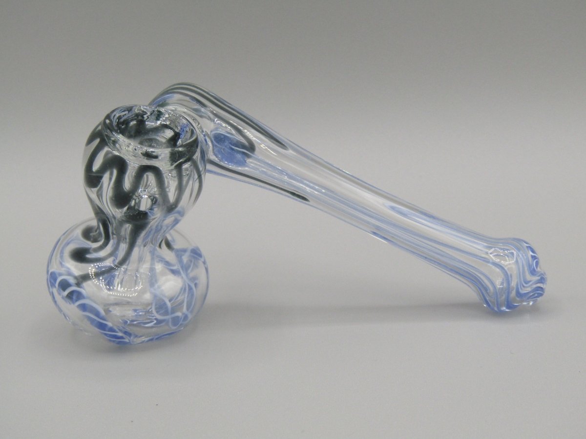 Left side view 4" sidecar swirl hammer bubbler w/ black and blue color accents.