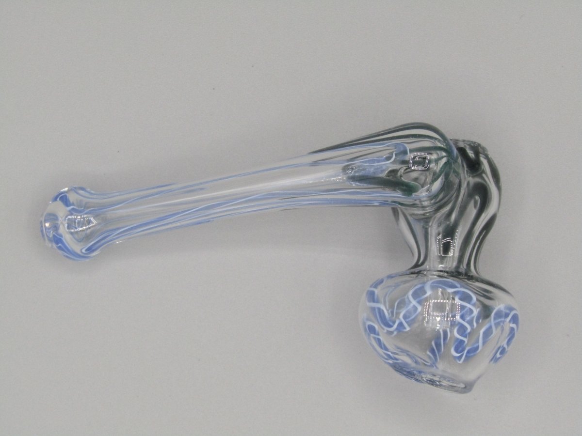 Top right side view 4" sidecar swirl hammer bubbler w/ black and blue color accents.