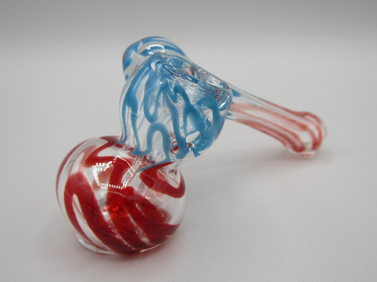 Zoom view 4" sidecar swirl hammer bubbler w/ blue and red color accents.