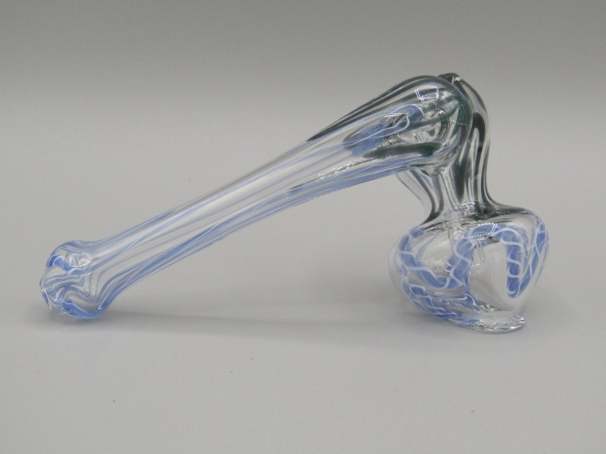 Right side view 4" sidecar swirl hammer bubbler w/ black and blue color accents.