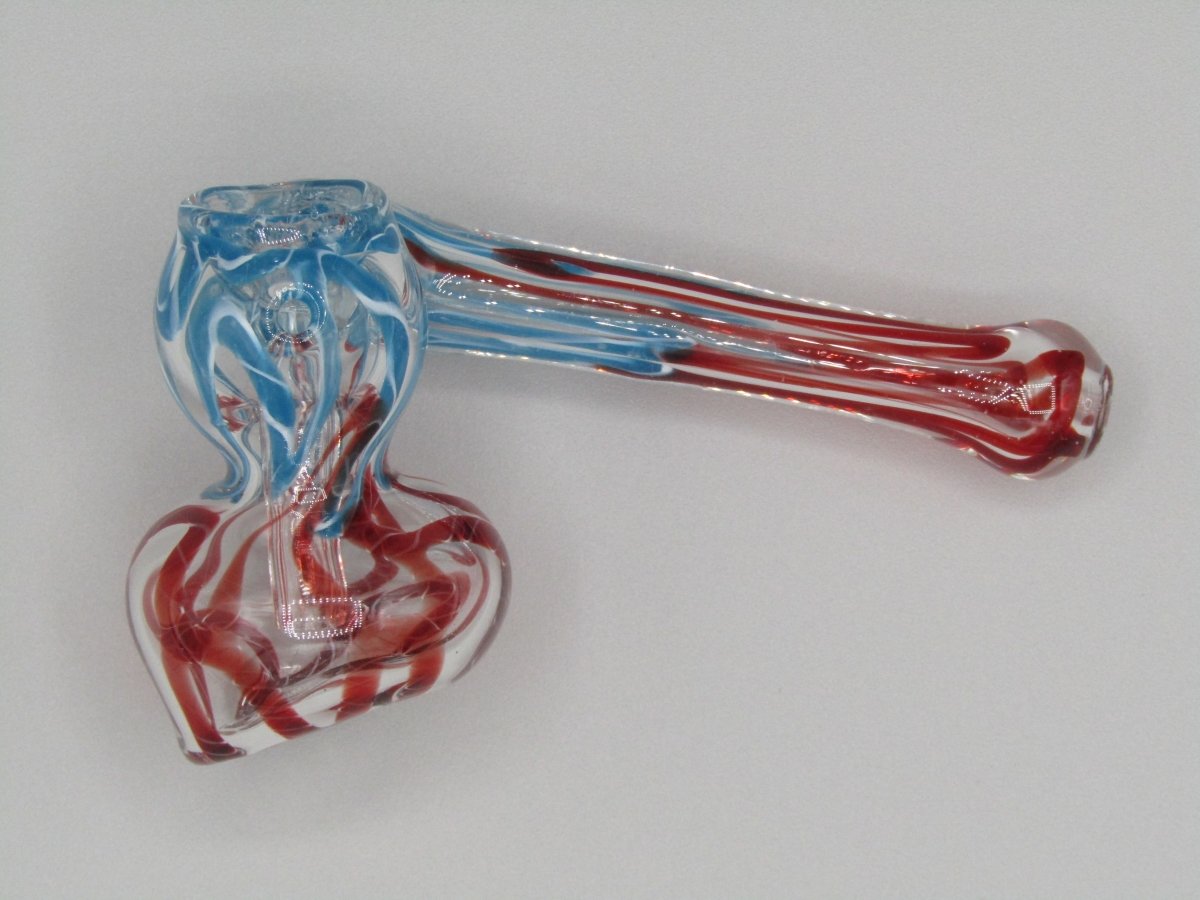 Top left side view 4" sidecar swirl hammer bubbler w/ blue and red color accents.