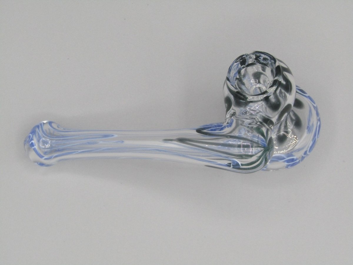 Top view 4" sidecar swirl hammer bubbler w/ black and blue color accents.