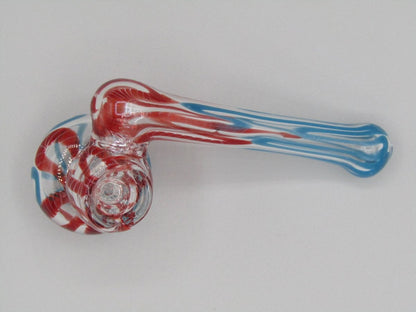 Top view 4" sidecar swirl hammer bubbler w/ blue and red color accents.