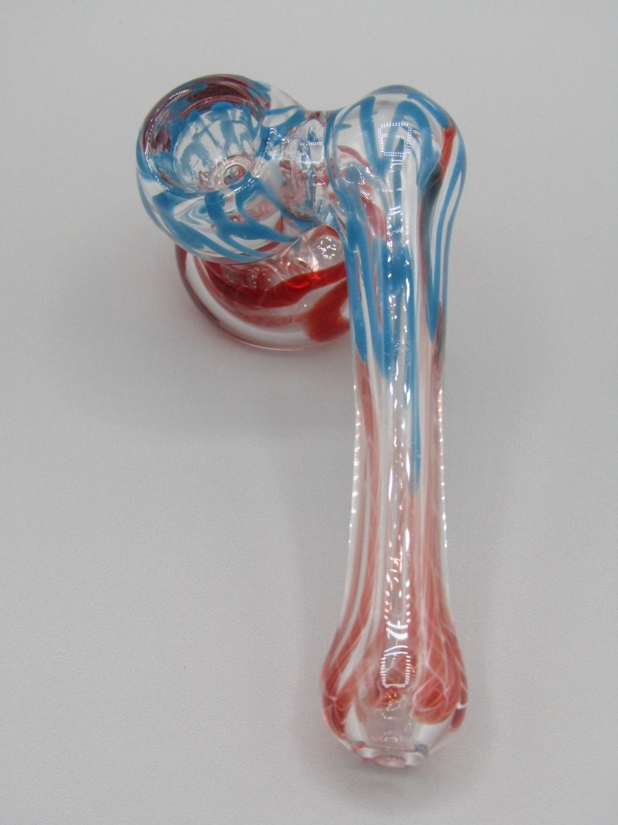 Top view 4" sidecar swirl hammer bubbler w/ blue and red color accents.