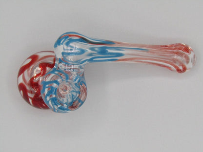 Top view 4" sidecar swirl hammer bubbler w/ blue and red color accents.