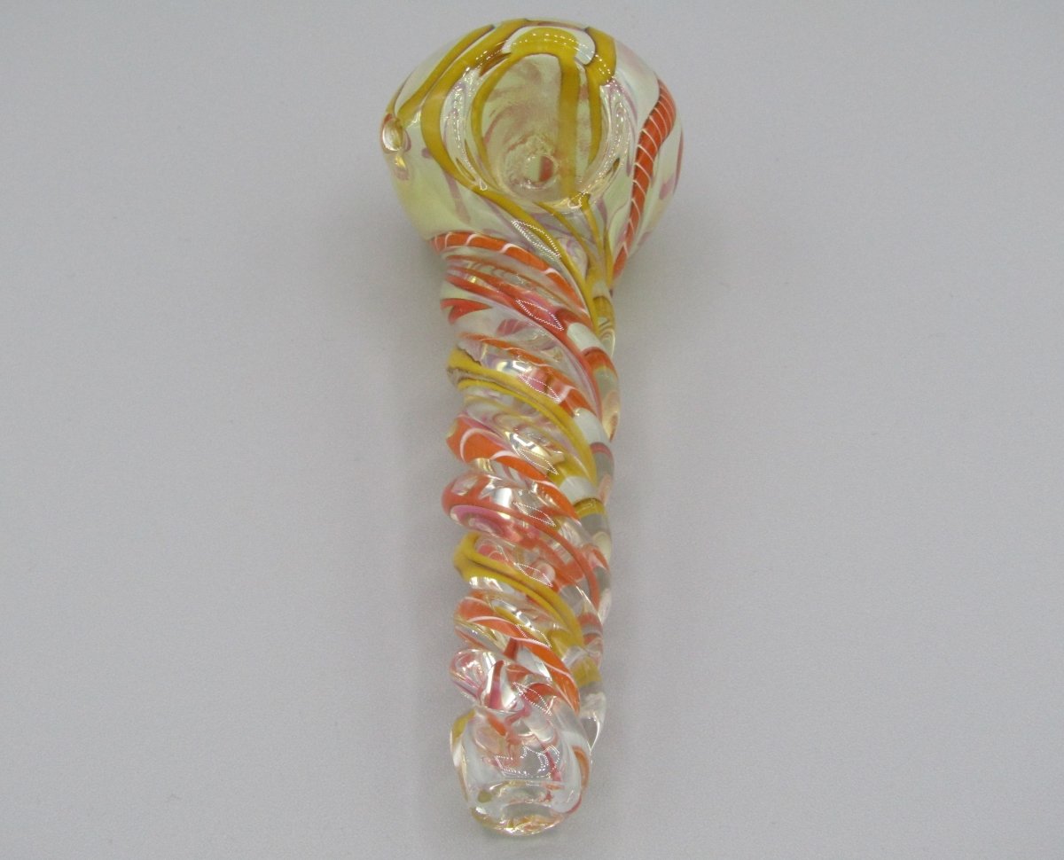 Top view 5" twisted spiral glass hand pipe orange/yellow color combo.