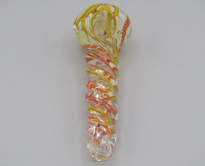 Top view 5" twisted spiral glass hand pipe orange/yellow color combo.