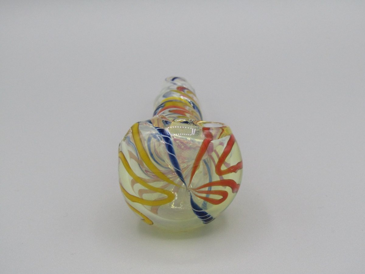 Zoom view 5" twisted spiral glass hand pipe blue/orange/yellow color combo.