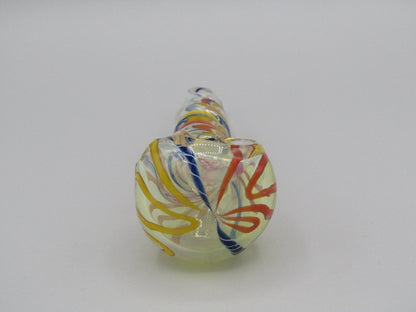 Zoom view 5" twisted spiral glass hand pipe blue/orange/yellow color combo.