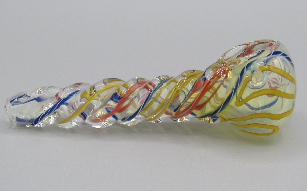 Right side view 5" twisted spiral glass hand pipe blue/orange/yellow color combo.