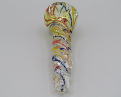 Top view 5" twisted spiral glass hand pipe blue/orange/yellow color combo.