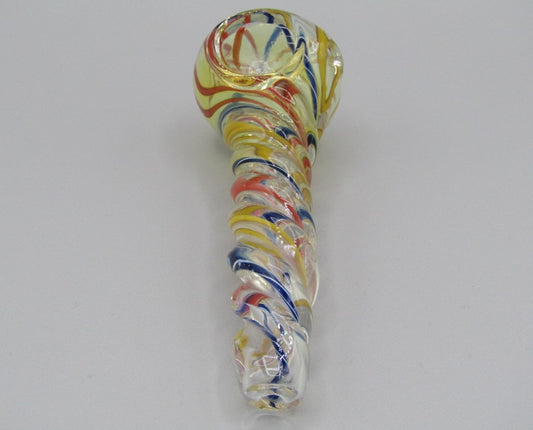 Top view 5" twisted spiral glass hand pipe blue/orange/yellow color combo.