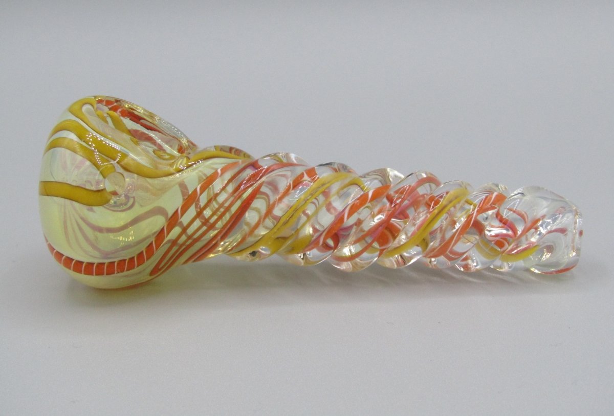 Left side view 5" twisted spiral glass hand pipe orange/yellow color combo.