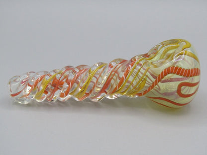 Right side view 5" twisted spiral glass hand pipe orange/yellow color combo.