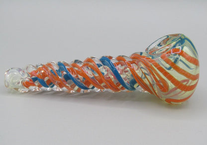 Right side view 5" twisted spiral glass hand pipe blue/orange color combo.