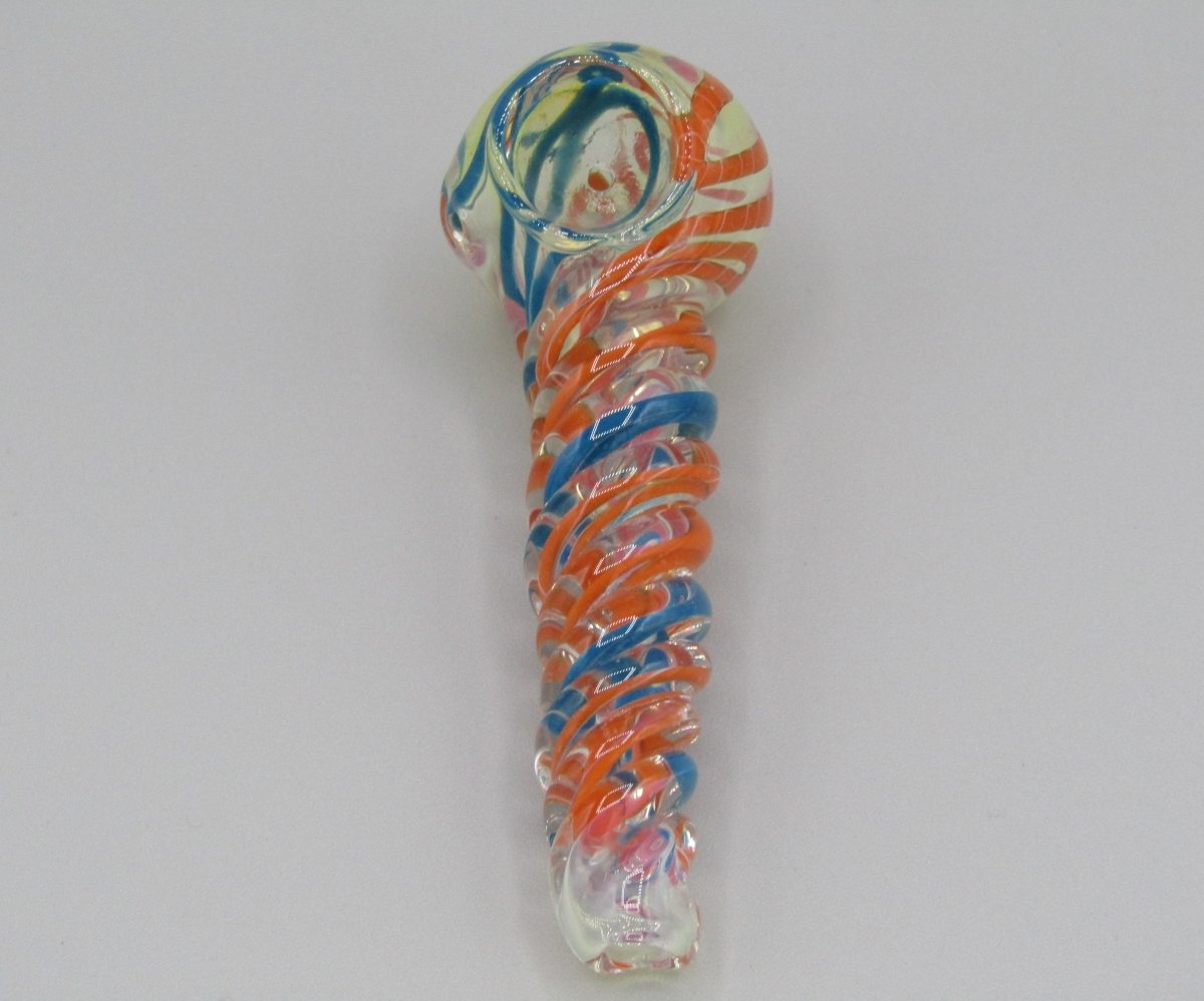 Top view 5" twisted spiral glass hand pipe blue/orange color combo.