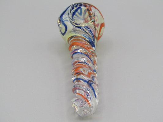 Top view 5" twisted spiral glass hand pipe blue/orange color combo.