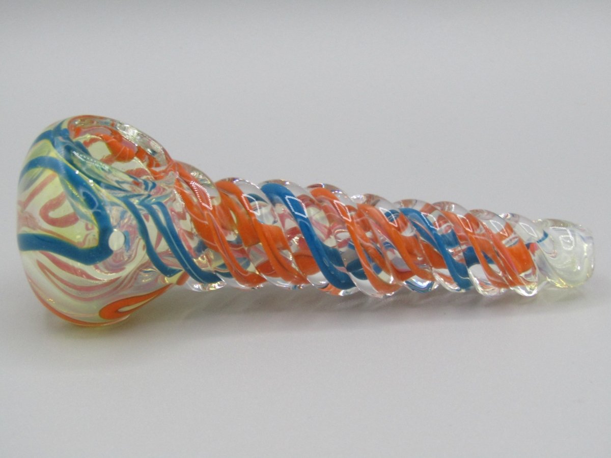 Left side view 5" twisted spiral glass hand pipe blue/orange color combo.