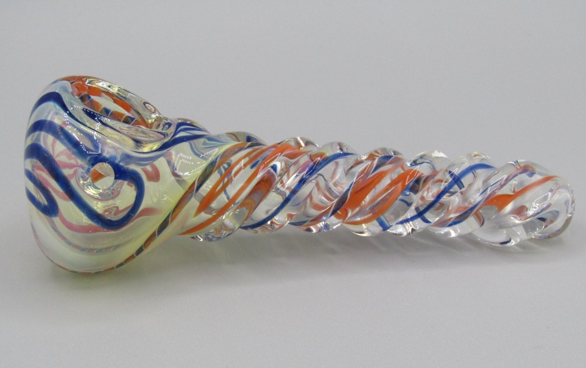 Left side view 5" twisted spiral glass hand pipe blue/orange color combo.