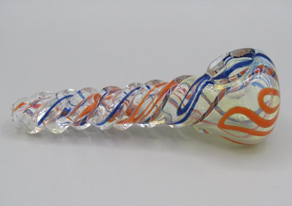 Right side view 5" twisted spiral glass hand pipe blue/orange color combo.