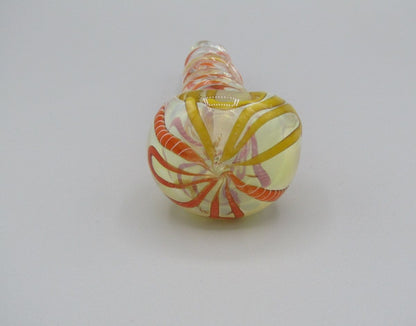 Zoom view 5" twisted spiral glass hand pipe orange/yellow color combo.