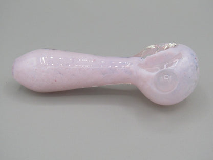 Right side view 4" fritted spoon hand pipe w/ knocker and milky pink color.