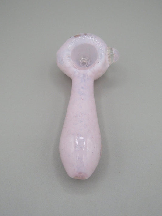 Top view 4" fritted spoon hand pipe w/ knocker and milky pink color.