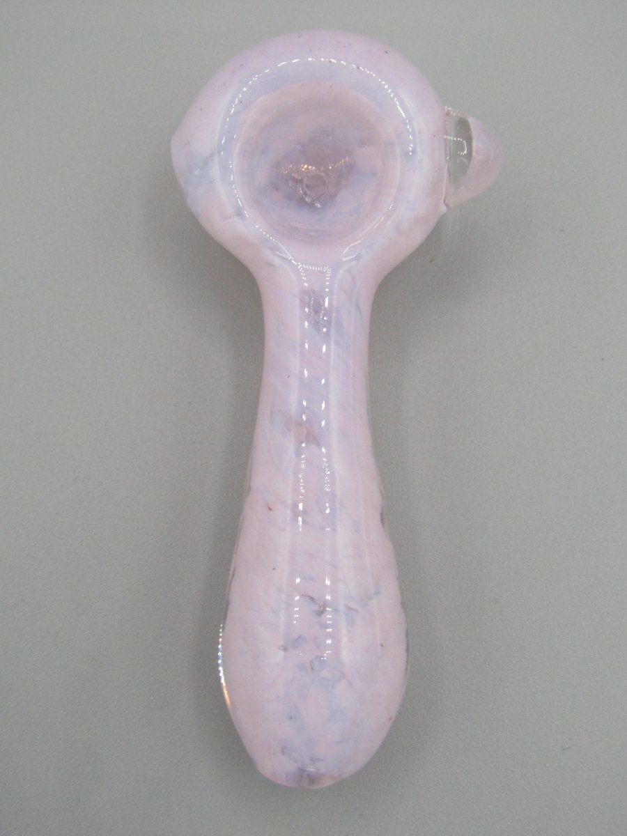 Top view 4" fritted spoon hand pipe w/ knocker and milky pink color.