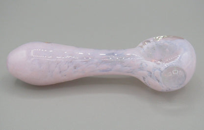 Right side view 4" fritted spoon hand pipe w/ knocker and milky pink color.