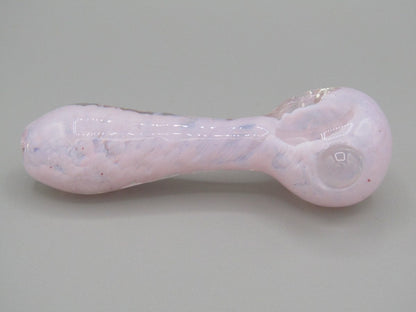 Right side view 4" fritted spoon hand pipe w/ knocker and milky pink color.