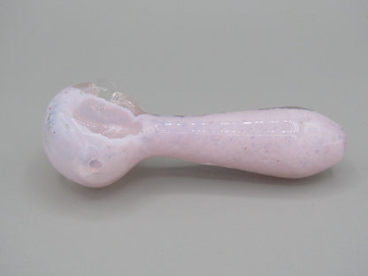 Left side view 4" fritted spoon hand pipe w/ knocker and milky pink color.