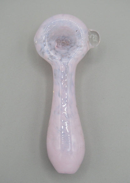 Top view 4" fritted spoon hand pipe w/ knocker and milky pink color.