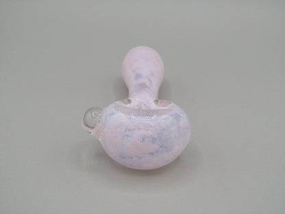 Zoom view 4" fritted spoon hand pipe w/ knocker and milky pink color.