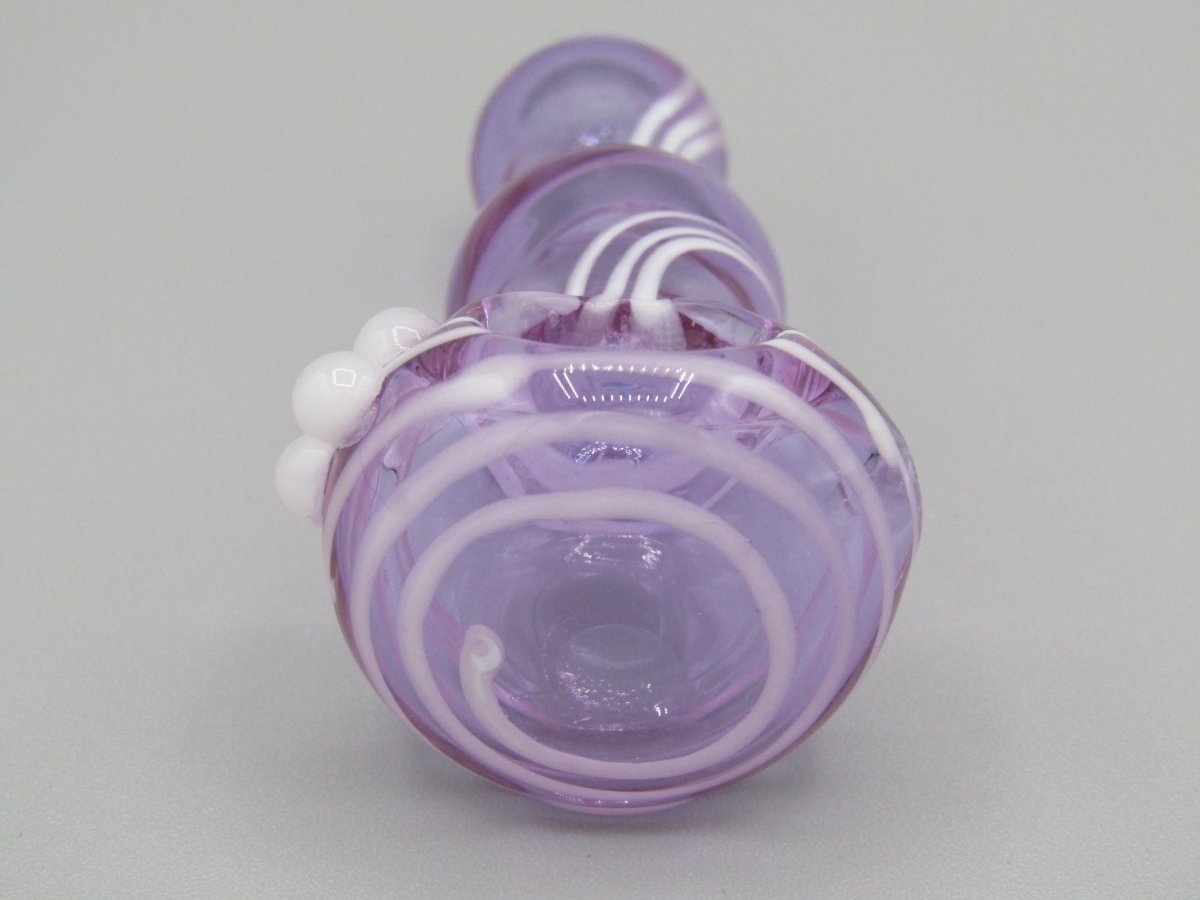 Zoom view 3.5" swirl bulged spoon hand pipe w/ triple knockers and translucent purple color w/ white swirls.