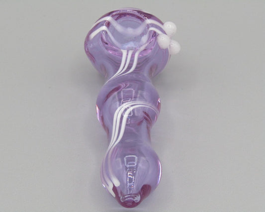 Top view 3.5" swirl bulged spoon hand pipe w/ triple knockers and translucent purple color w/ white swirls.