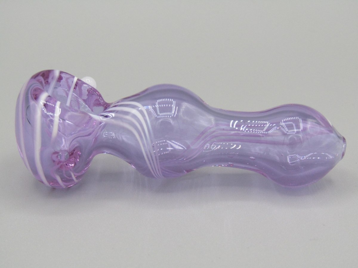 Left side view 3.5" swirl bulged spoon hand pipe w/ triple knockers and translucent purple color w/ white swirls.