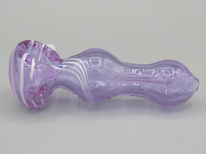 Left side view 3.5" swirl bulged spoon hand pipe w/ triple knockers and translucent purple color w/ white swirls.