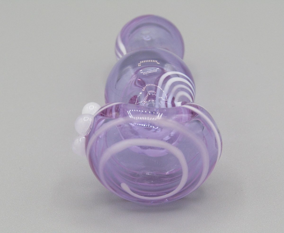 Zoom view 3.5" swirl bulged spoon hand pipe w/ triple knockers and translucent purple color w/ white swirls.