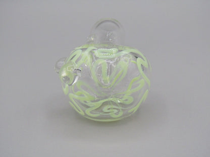 Zoom view 4" swirl spoon hand pipe, clear glass w/ multiple knockers.