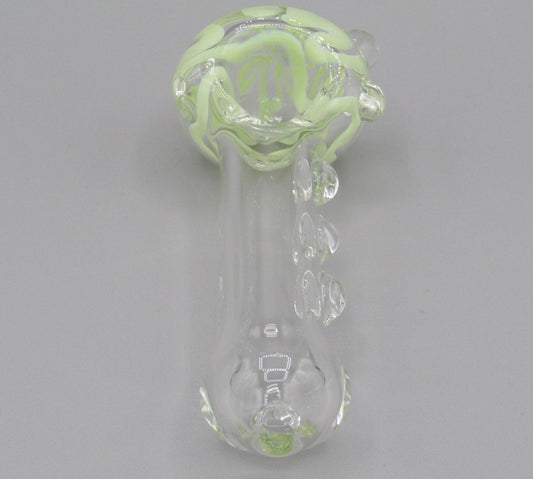 Top view 4" swirl spoon hand pipe, clear glass w/ multiple knockers.