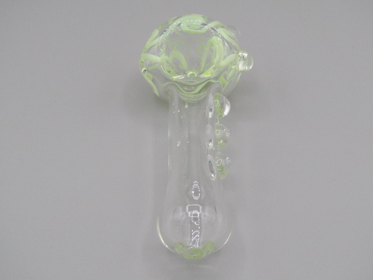 Top view 4" swirl spoon hand pipe, clear glass w/ multiple knockers.