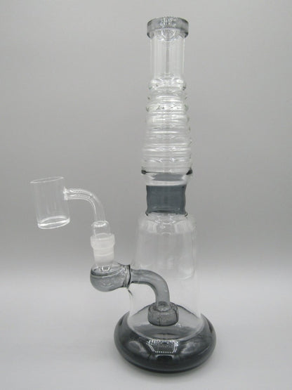 Left side view 10" ribbed neck rig with showerhead percolator, thick glass base and smoke color accents.