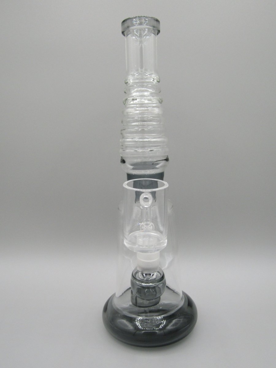 Front view 10" ribbed neck rig with showerhead percolator, thick glass base and smoke color accents.