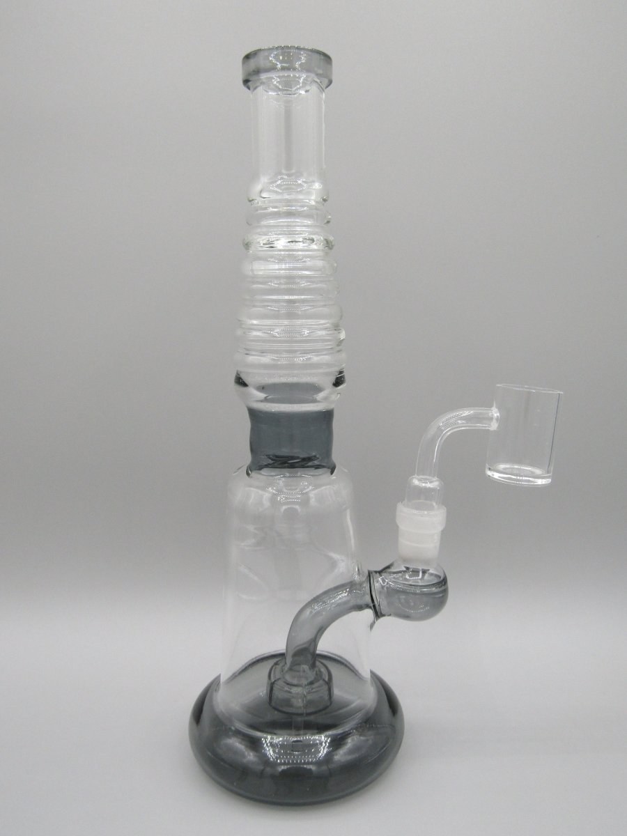 Side left view 10" ribbed neck rig with showerhead percolator, thick glass base and smoke color accents.